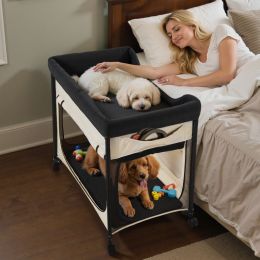 Elevated Lounge Pet Bed Foldable Bunk Dog Bed With Wheels & Side Bags L (Option: Beige)